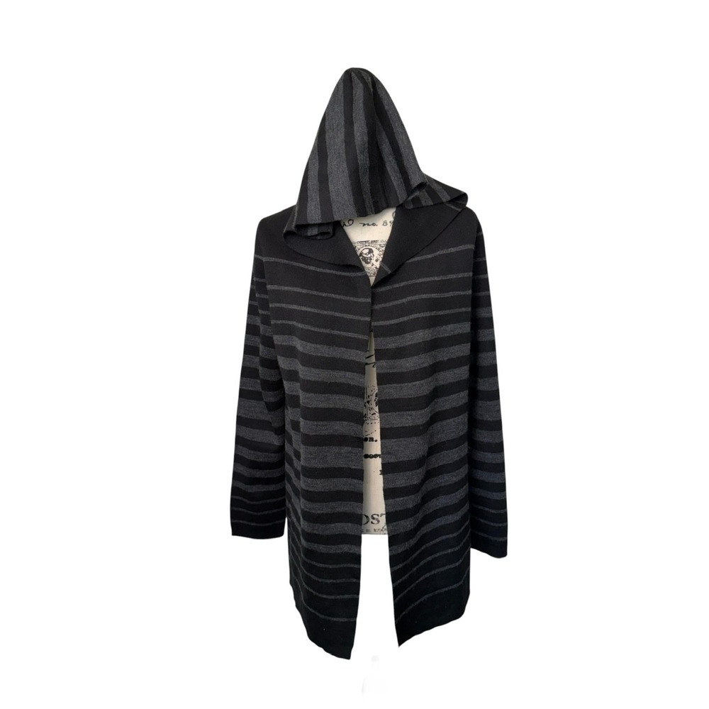 Max Studio Black Striped Wool Blend Hooded Cardigan, S